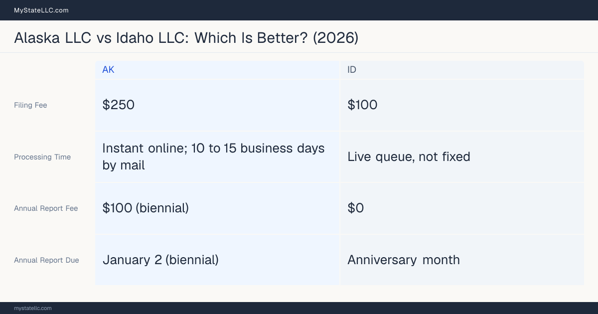 Comparison chart of forming an LLC in Alaska versus Idaho, contrasting filing fees, annual report cost and ongoing obligations across 8 factors.
