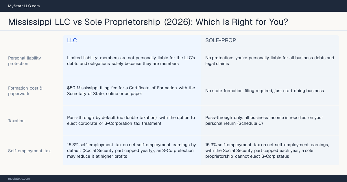 Comparison chart for Mississippi LLC versus Sole Proprietorship, contrasting liability, taxation and ongoing filing burden across 8 factors.