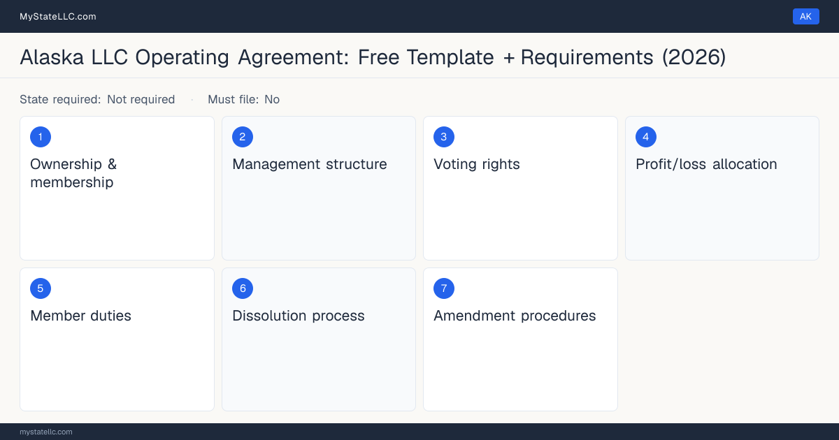 Key sections of an Alaska LLC operating agreement, listing the 7 provisions the document should cover.