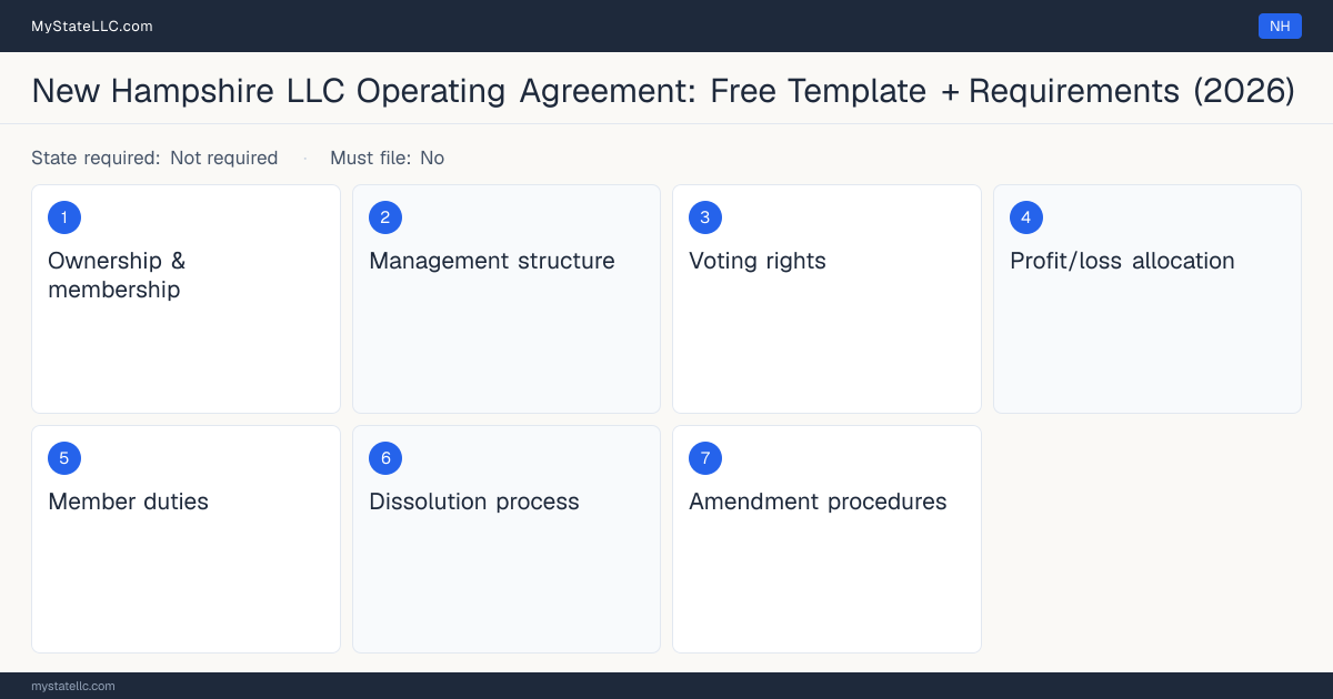 Key sections of a New Hampshire LLC operating agreement, listing the 7 provisions the document should cover.