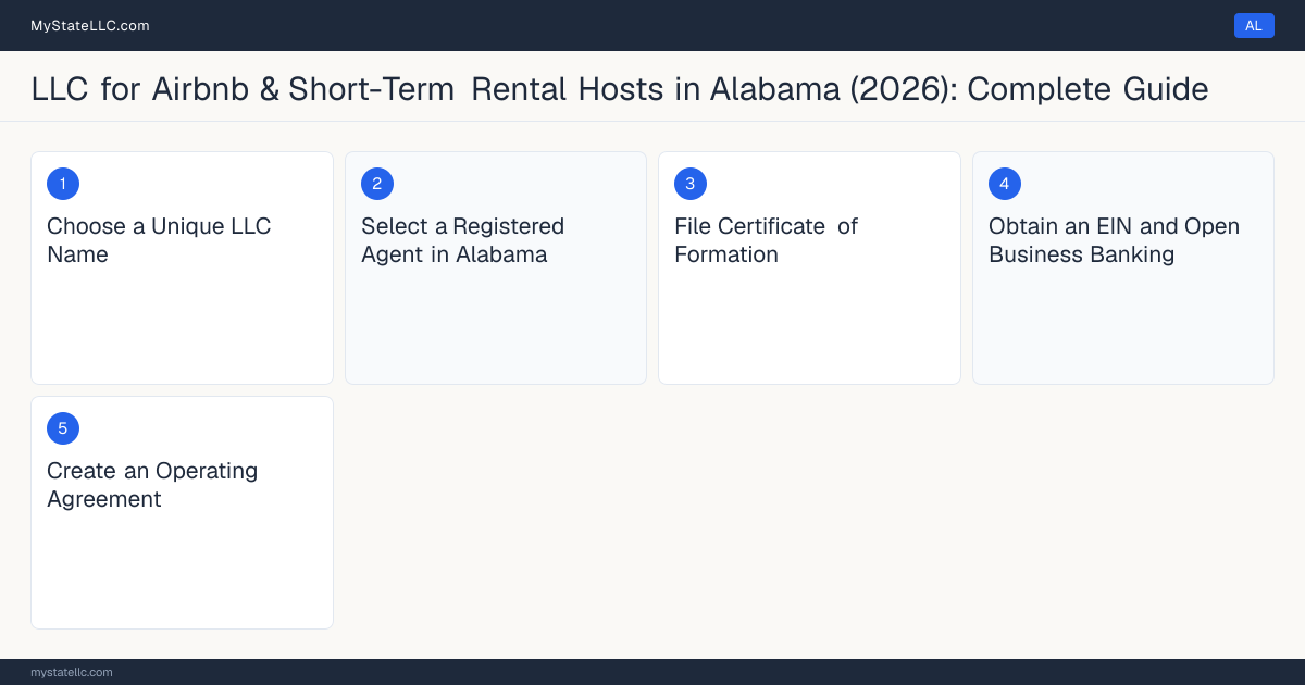 Step diagram for forming a professional LLC for Airbnb & Short-Term Rental Hosts in Alabama, showing each formation step and the state licensing requirement.