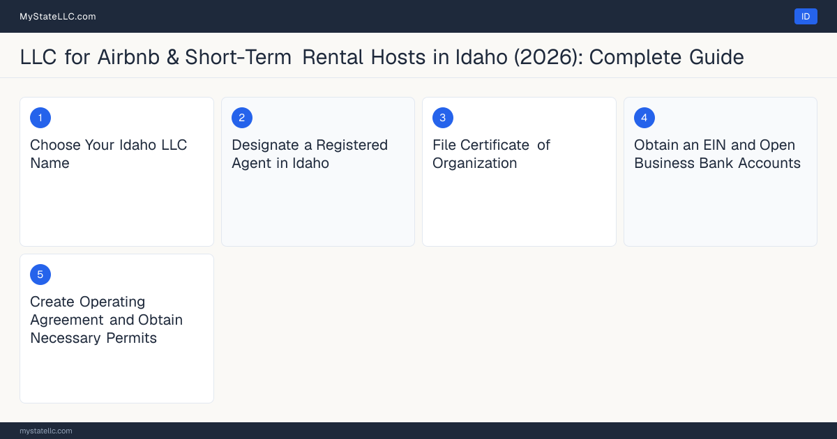 Step diagram for forming a professional LLC for Airbnb & Short-Term Rental Hosts in Idaho, showing each formation step and the state licensing requirement.