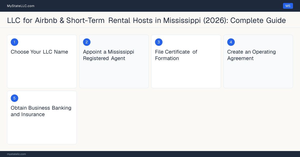 Step diagram for forming a professional LLC for Airbnb & Short-Term Rental Hosts in Mississippi, showing each formation step and the state licensing requirement.