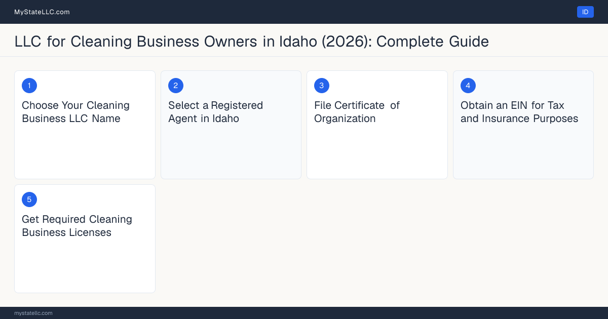 Step diagram for forming a professional LLC for Cleaning Business Owners in Idaho, showing each formation step and the state licensing requirement.