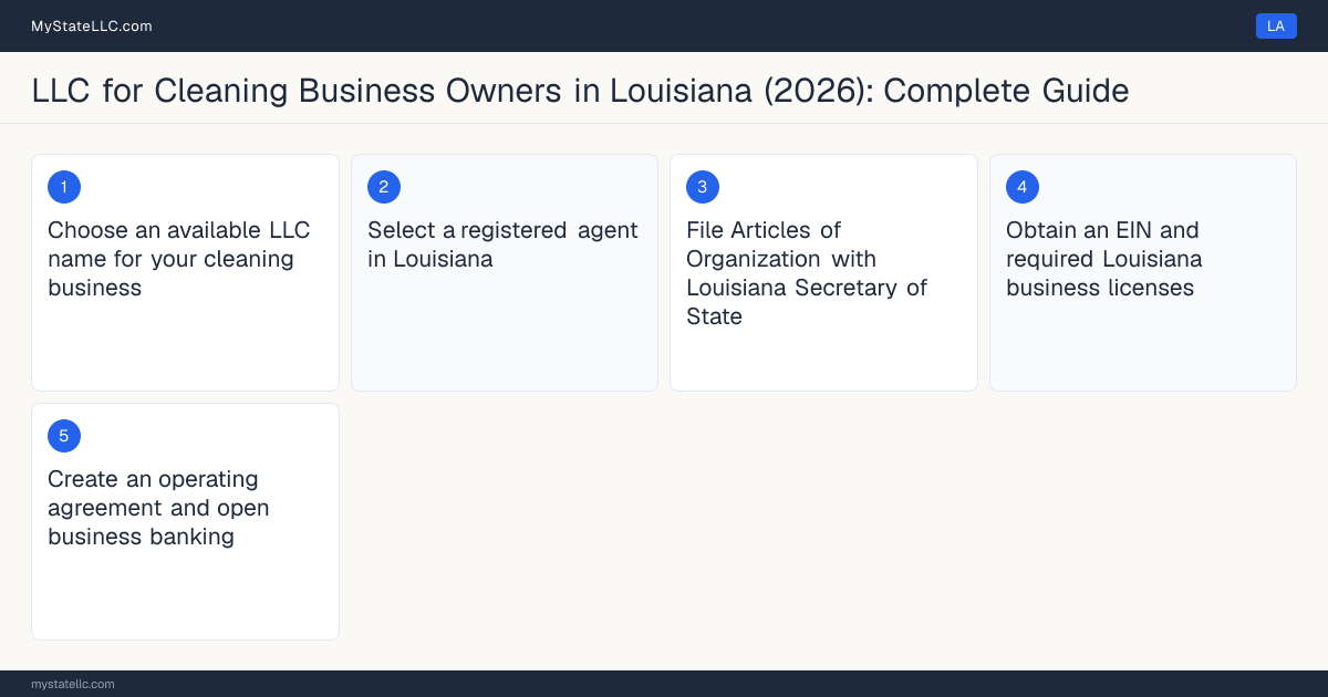 Step diagram for forming a professional LLC for Cleaning Business Owners in Louisiana, showing each formation step and the Industrial Cleaning and Material/Waste Handling specia… the state requires first.