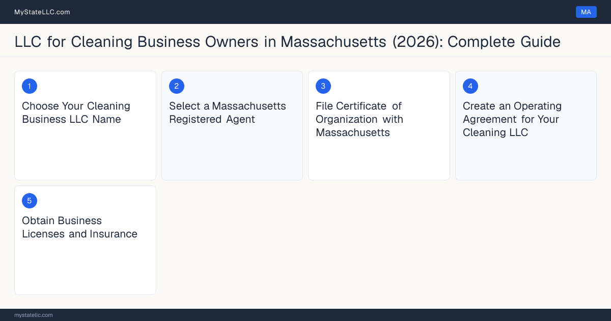 Step diagram for forming a professional LLC for Cleaning Business Owners in Massachusetts, showing each formation step and the state licensing requirement.