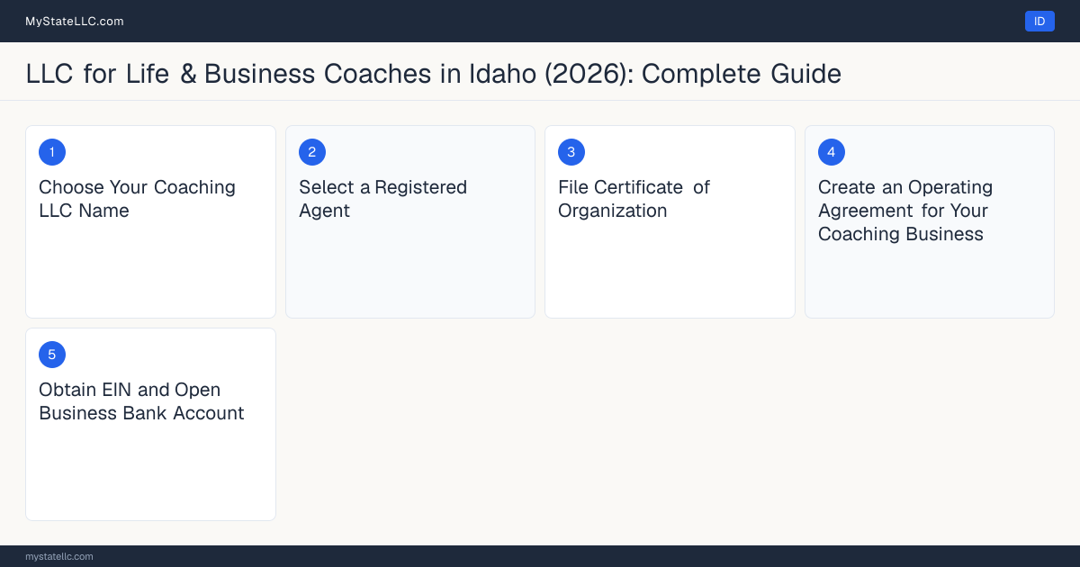 Step diagram for forming a professional LLC for Life & Business Coaches in Idaho, showing each formation step and the state licensing requirement.