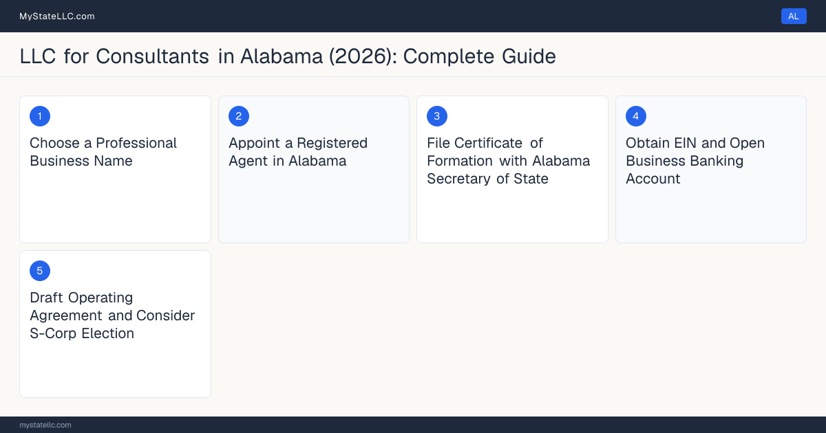 Step diagram for forming a professional LLC for Consultants in Alabama, showing each formation step and the state licensing requirement.