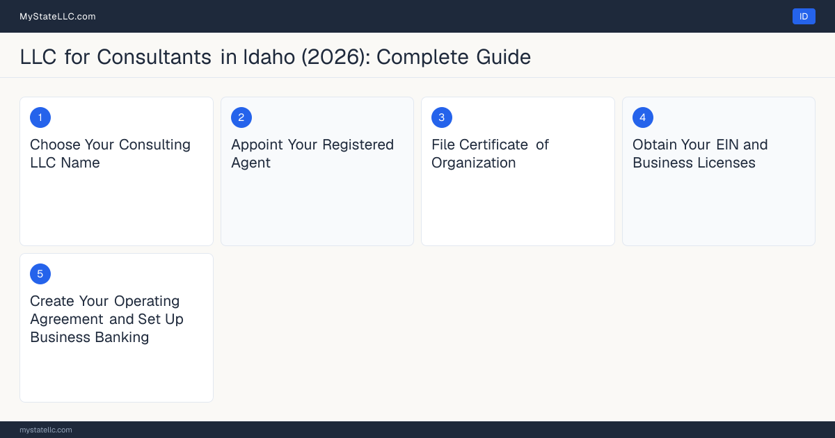 Step diagram for forming a professional LLC for Consultants in Idaho, showing each formation step and the state licensing requirement.