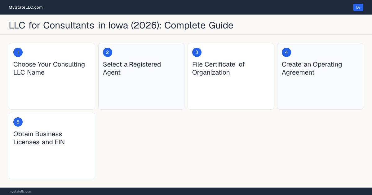 Step diagram for forming a professional LLC for Consultants in Iowa, showing each formation step and the state licensing requirement.