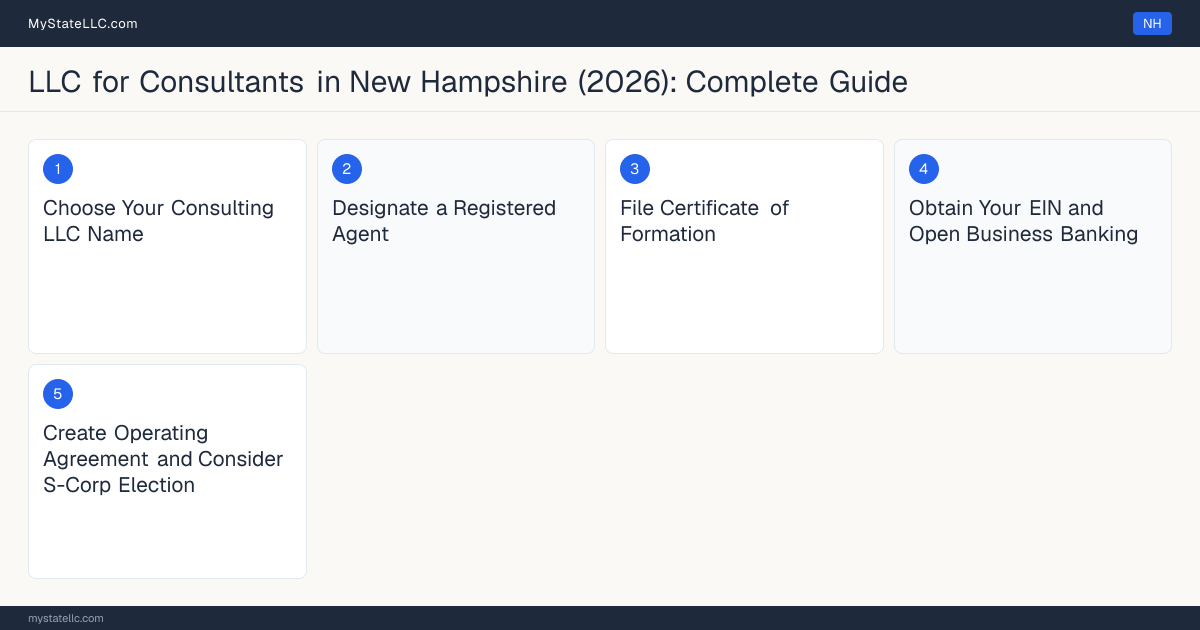 Step diagram for forming a professional LLC for Consultants in New Hampshire, showing each formation step and the state licensing requirement.