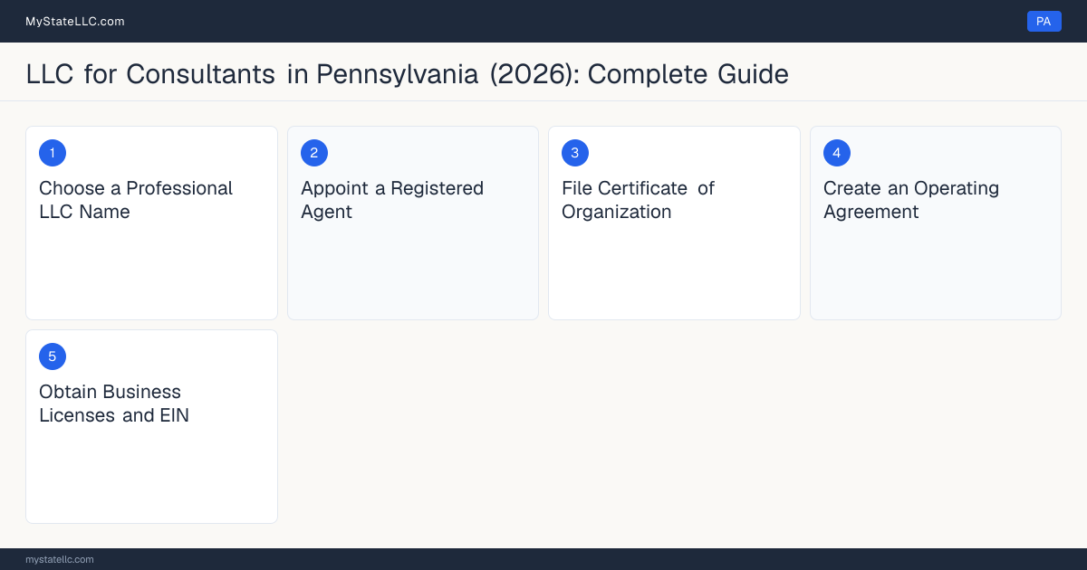 Step diagram for forming a professional LLC for Consultants in Pennsylvania, showing each formation step and the state licensing requirement.