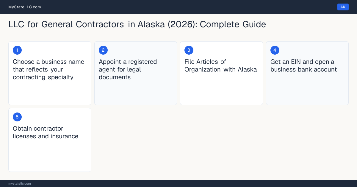 Step diagram for forming a professional LLC for General Contractors in Alaska, showing each formation step and the General Contractor the state requires first.