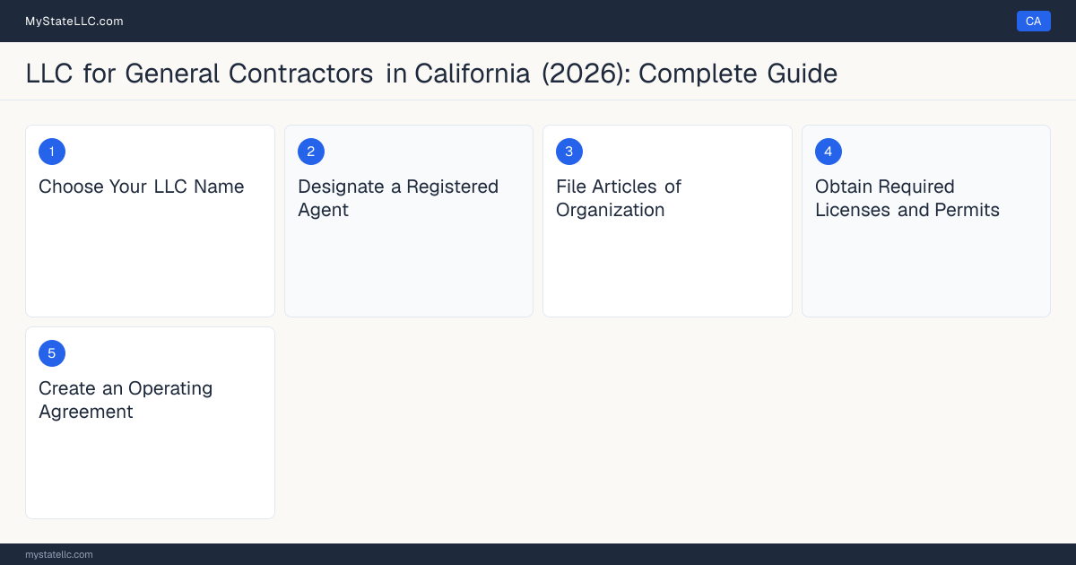 Step diagram for forming a professional LLC for General Contractors in California, showing each formation step and the Class A General Engineering Contractor the state requires first.