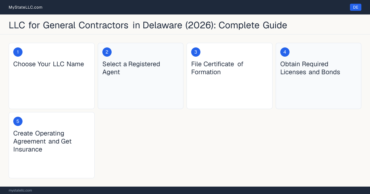 Step diagram for forming a professional LLC for General Contractors in Delaware, showing each formation step and the Contractor Business License the state requires first.