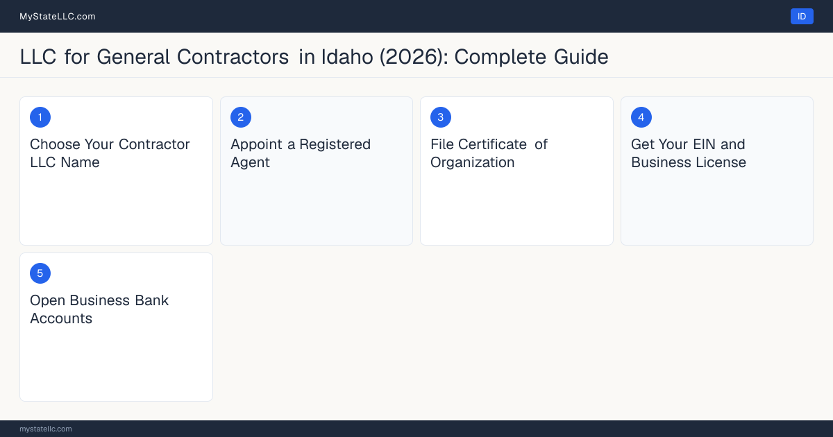 Step diagram for forming a professional LLC for General Contractors in Idaho, showing each formation step and the Contractor Registration the state requires first.