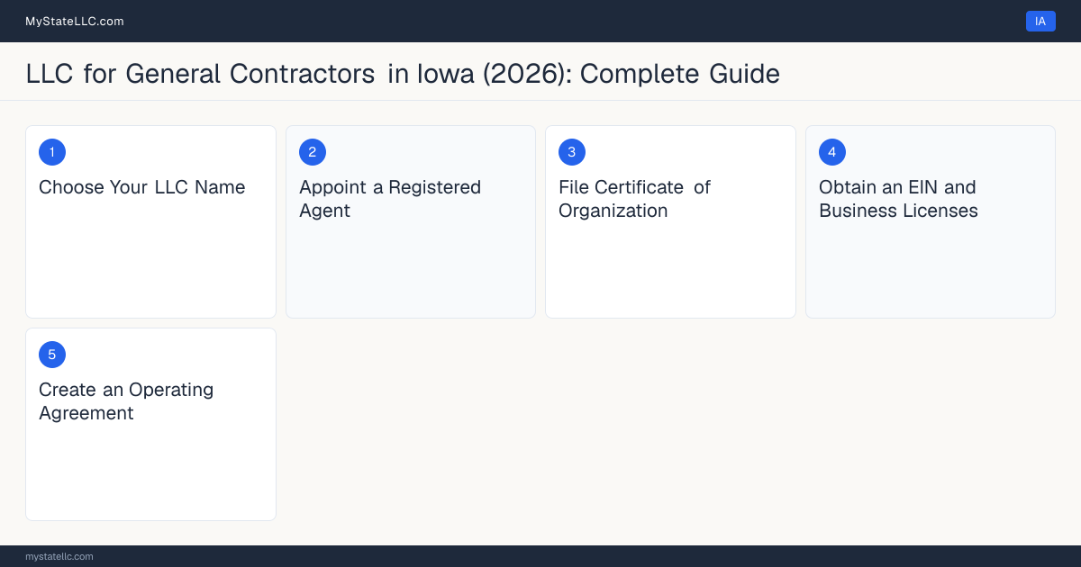 Step diagram for forming a professional LLC for General Contractors in Iowa, showing each formation step and the Construction Contractor Registration the state requires first.
