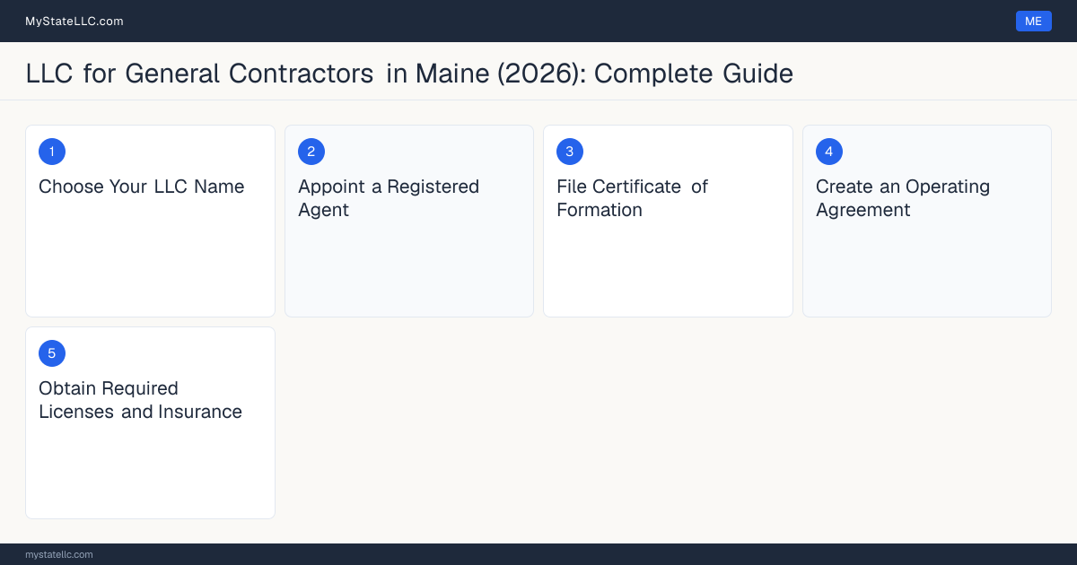 Step diagram for forming a professional LLC for General Contractors in Maine, showing each formation step and the state licensing requirement.
