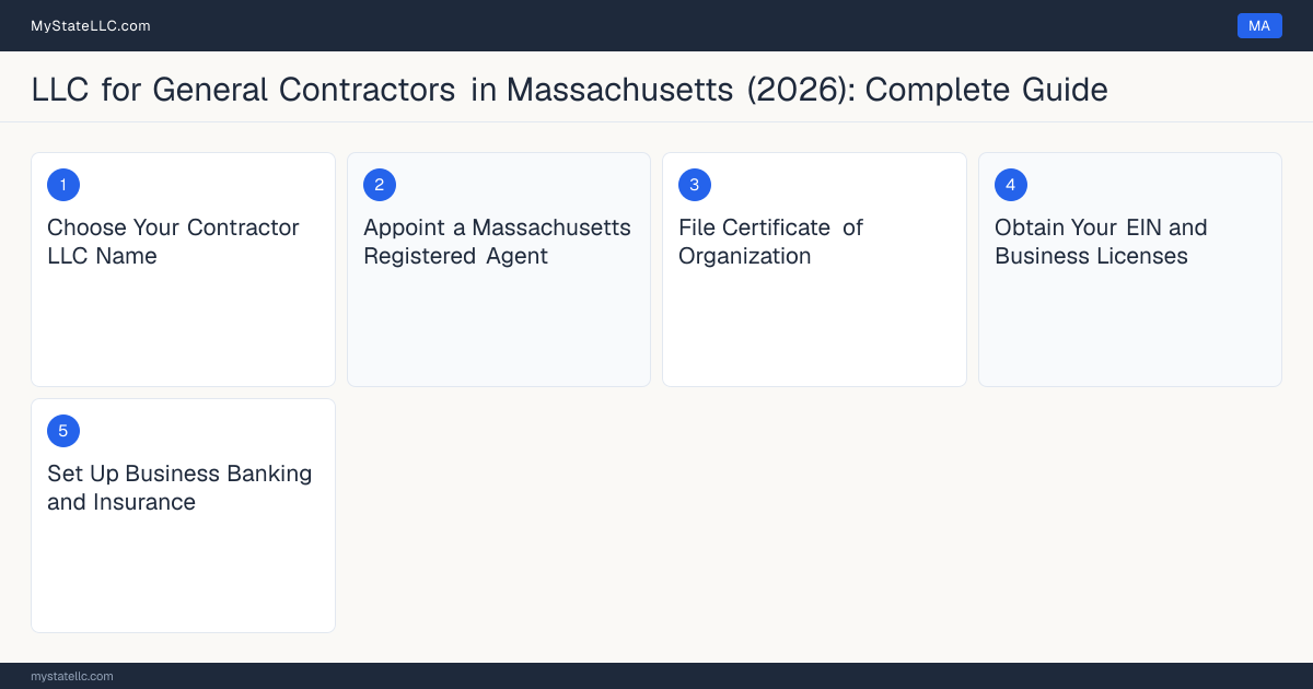 Step diagram for forming a professional LLC for General Contractors in Massachusetts, showing each formation step and the Home Improvement Contractor Registration the state requires first.