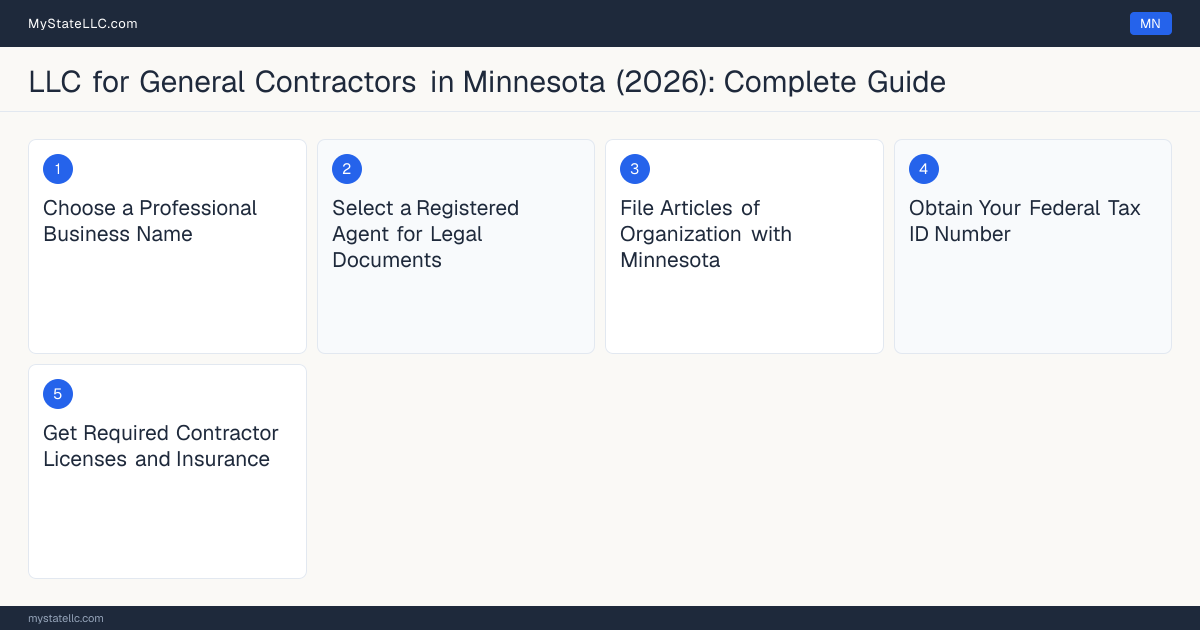 Step diagram for forming a professional LLC for General Contractors in Minnesota, showing each formation step and the Residential Building Contractor the state requires first.