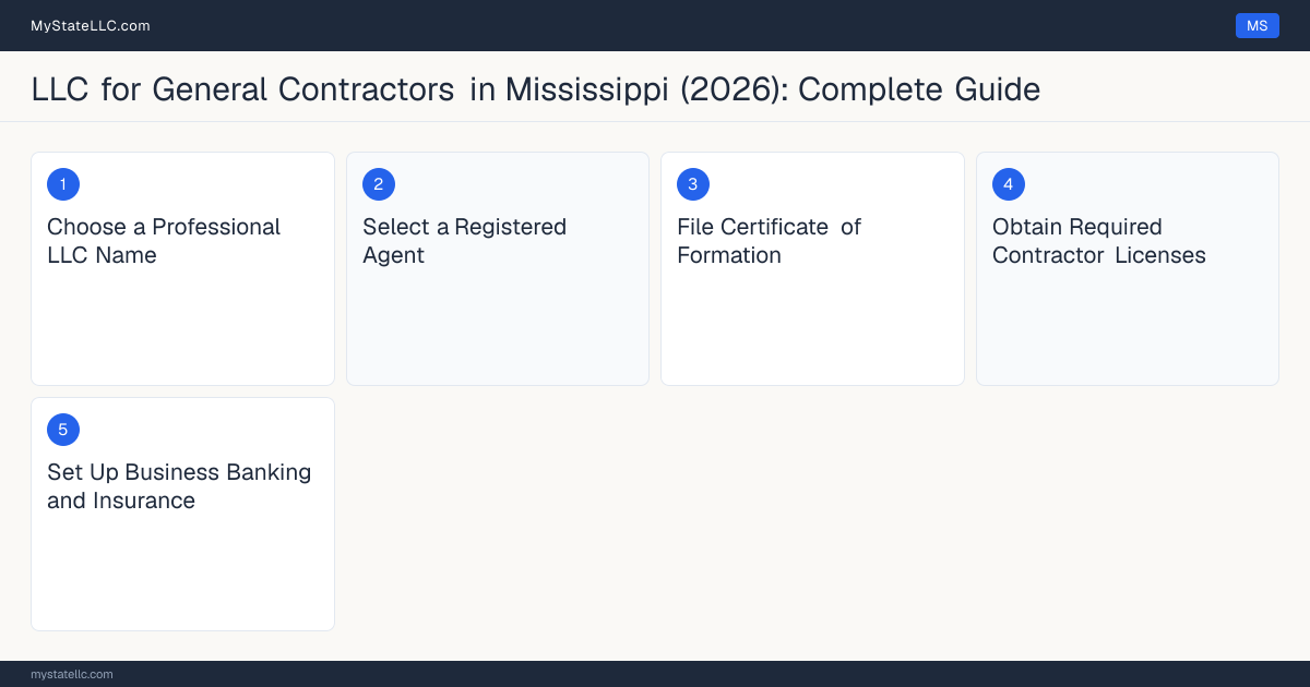 Step diagram for forming a professional LLC for General Contractors in Mississippi, showing each formation step and the Commercial Certificate of Responsibility the state requires first.