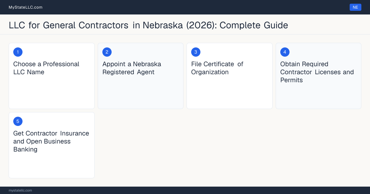 Step diagram for forming a professional LLC for General Contractors in Nebraska, showing each formation step and the Contractor Registration the state requires first.