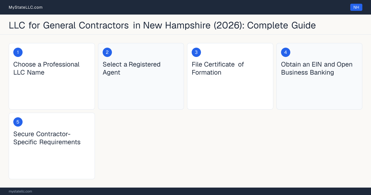 Step diagram for forming a professional LLC for General Contractors in New Hampshire, showing each formation step and the state licensing requirement.