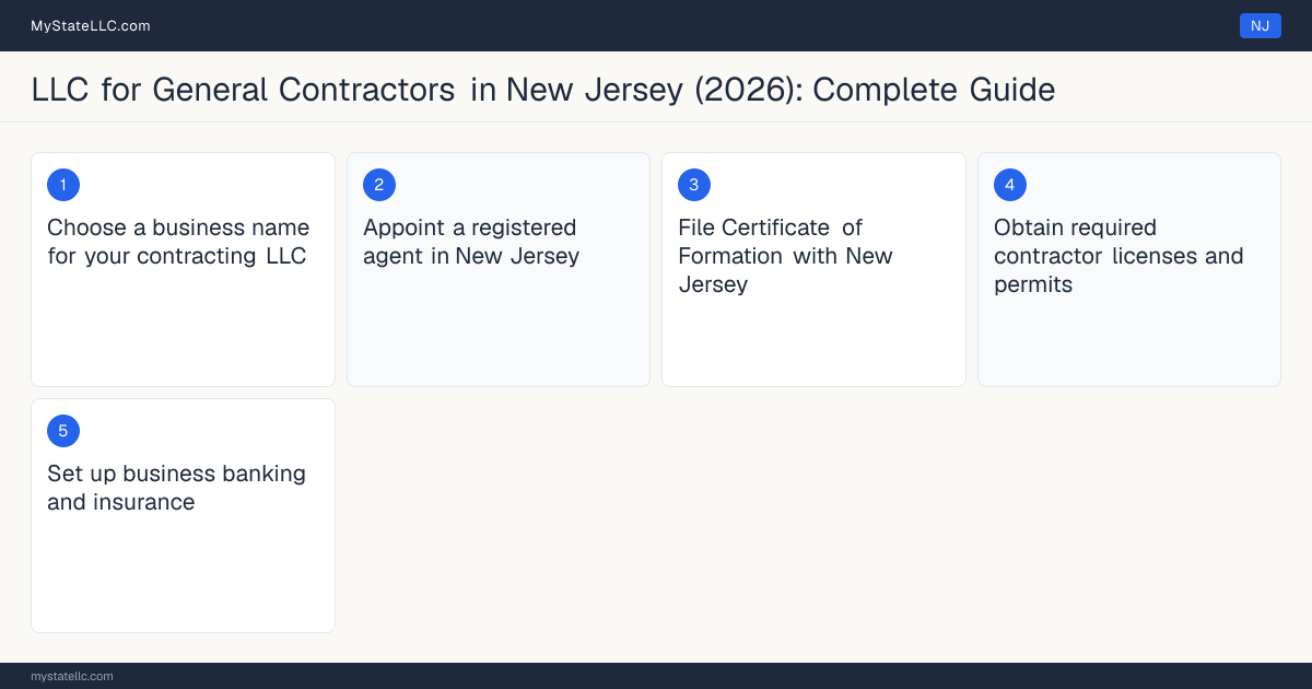 Step diagram for forming a professional LLC for General Contractors in New Jersey, showing each formation step and the Home Improvement Contractor Business Registration the state requires first.