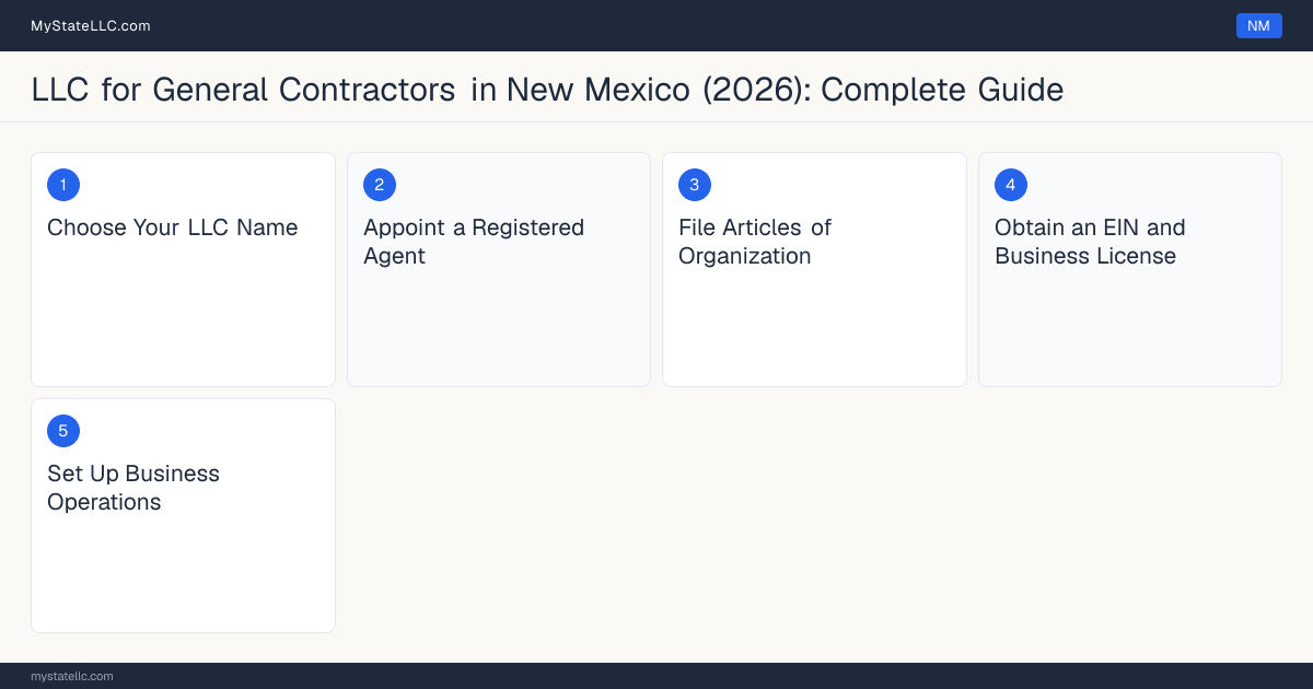 Step diagram for forming a professional LLC for General Contractors in New Mexico, showing each formation step and the GB-98 General Building the state requires first.