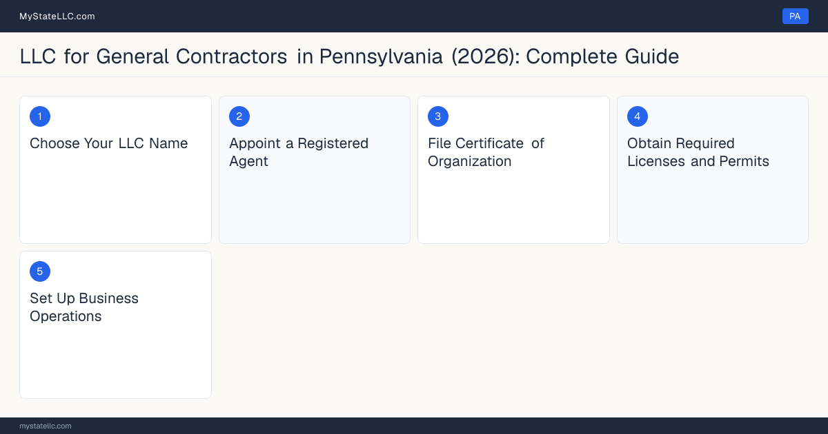 Step diagram for forming a professional LLC for General Contractors in Pennsylvania, showing each formation step and the Home Improvement Contractor Registration the state requires first.