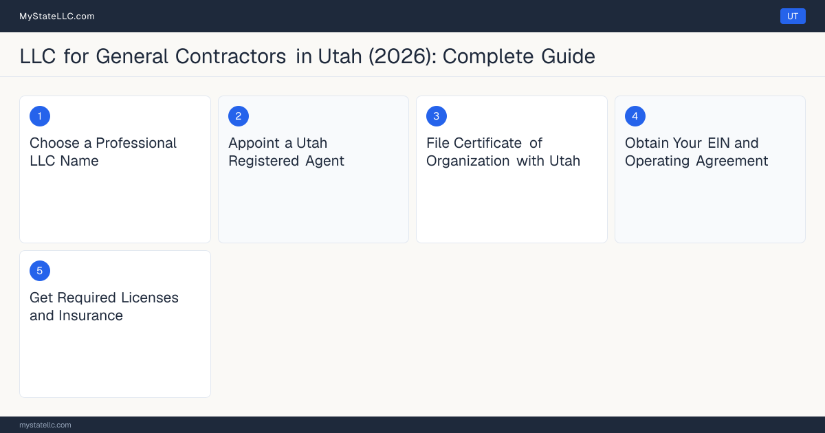 Step diagram for forming a professional LLC for General Contractors in Utah, showing each formation step and the General Building Contractor the state requires first.