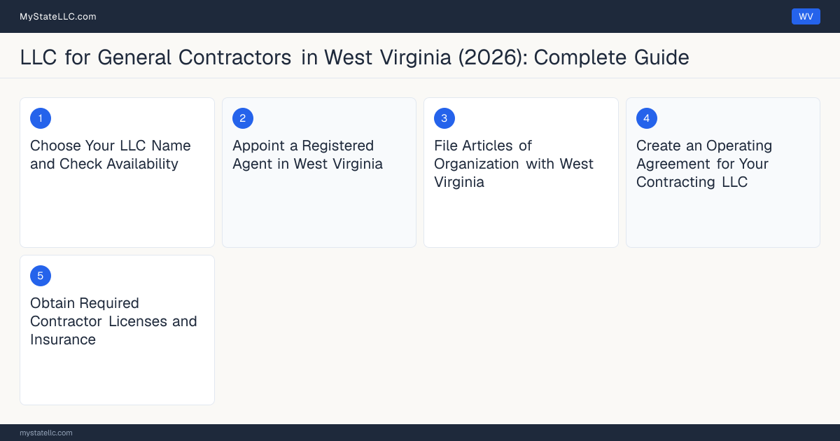 Step diagram for forming a professional LLC for General Contractors in West Virginia, showing each formation step and the West Virginia Contractor License the state requires first.