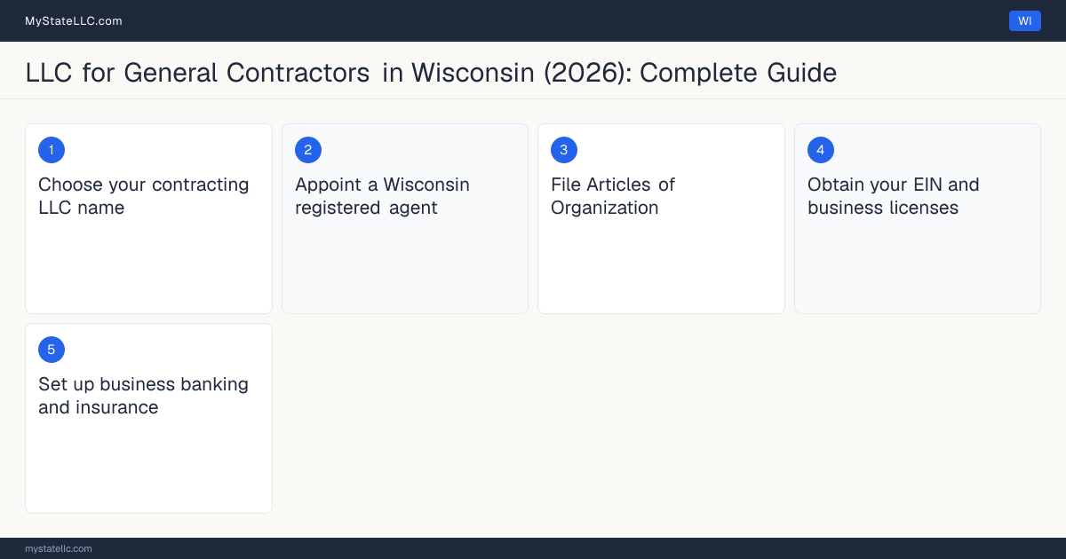 Step diagram for forming a professional LLC for General Contractors in Wisconsin, showing each formation step and the Dwelling Contractor Certification the state requires first.