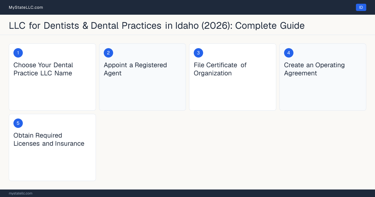 Step diagram for forming a professional LLC for Dentists & Dental Practices in Idaho, showing each formation step and the License to Practice Dentistry the state requires first.