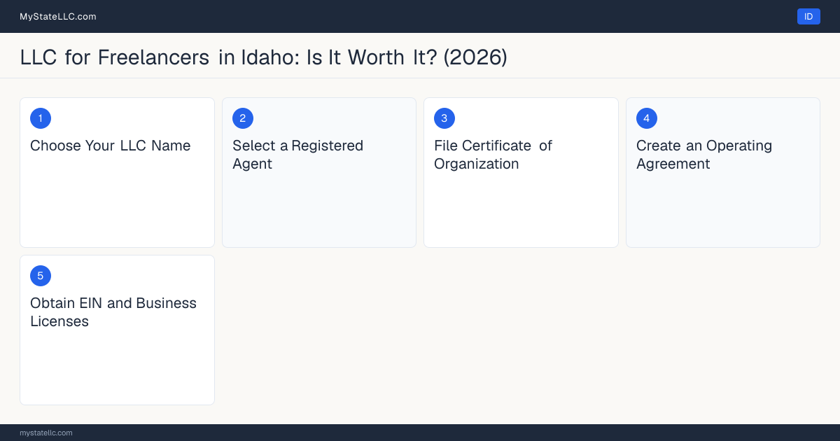 Step diagram for forming a professional LLC for Freelancers in Idaho, showing each formation step and the state licensing requirement.
