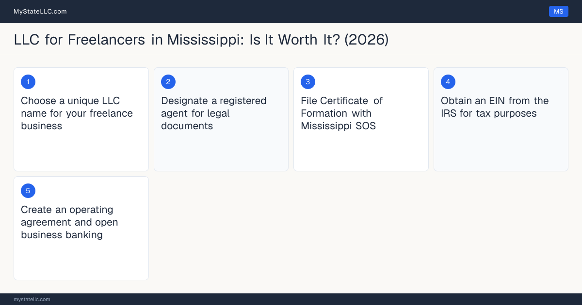 Step diagram for forming a professional LLC for Freelancers in Mississippi, showing each formation step and the state licensing requirement.