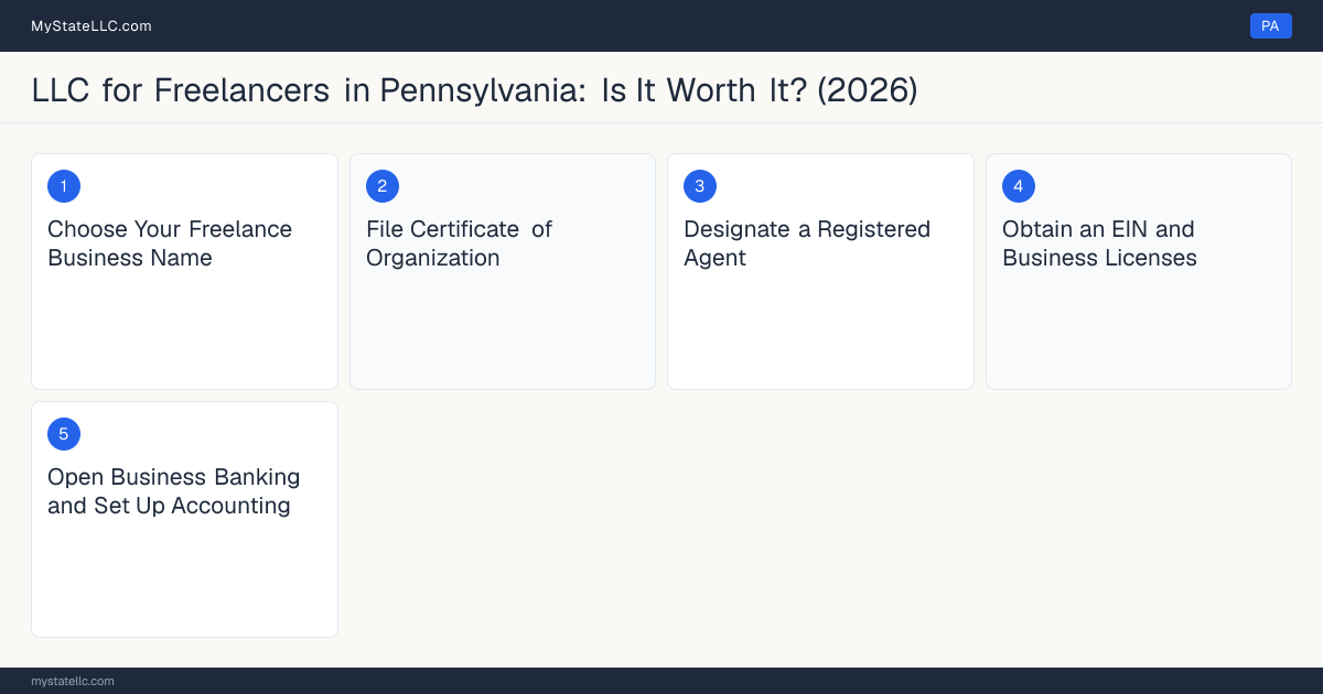 Step diagram for forming a professional LLC for Freelancers in Pennsylvania, showing each formation step and the state licensing requirement.