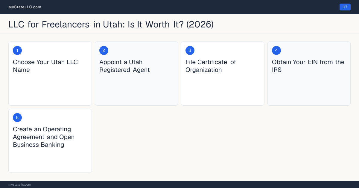 Step diagram for forming a professional LLC for Freelancers in Utah, showing each formation step and the state licensing requirement.