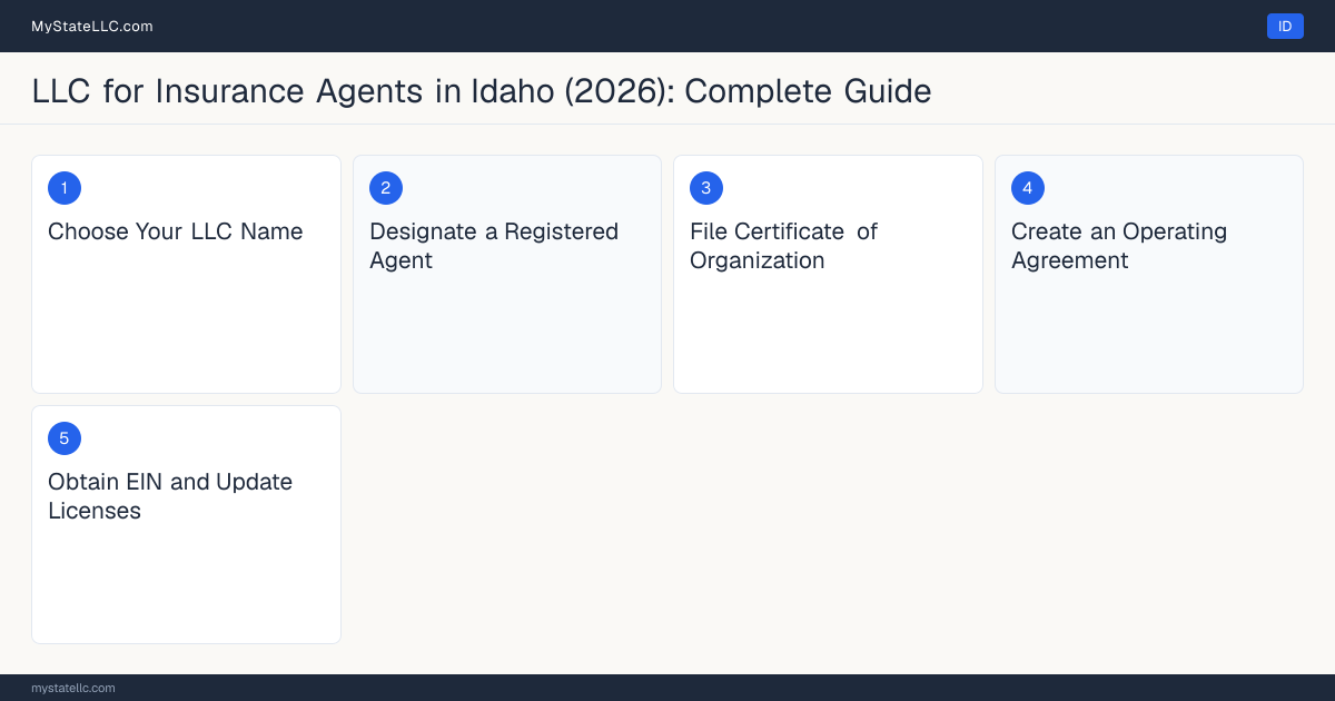 Step diagram for forming a professional LLC for Insurance Agents in Idaho, showing each formation step and the Idaho Insurance Producer License the state requires first.