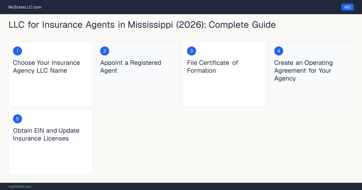 Step diagram for forming a professional LLC for Insurance Agents in Mississippi, showing each formation step and the Mississippi Insurance Producer License the state requires first.