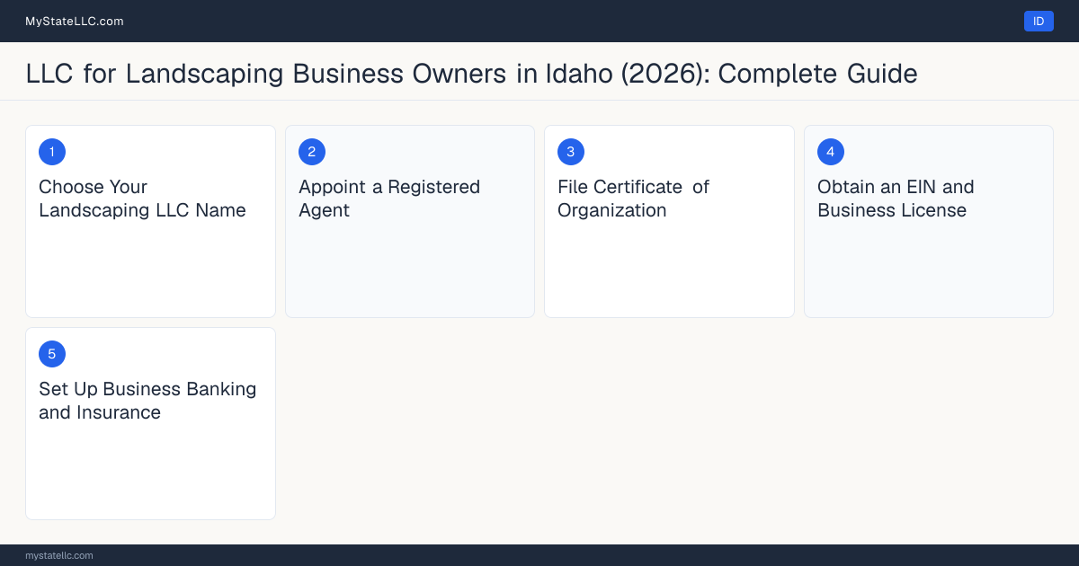 Step diagram for forming a professional LLC for Landscaping Business Owners in Idaho, showing each formation step and the Contractor Registration the state requires first.