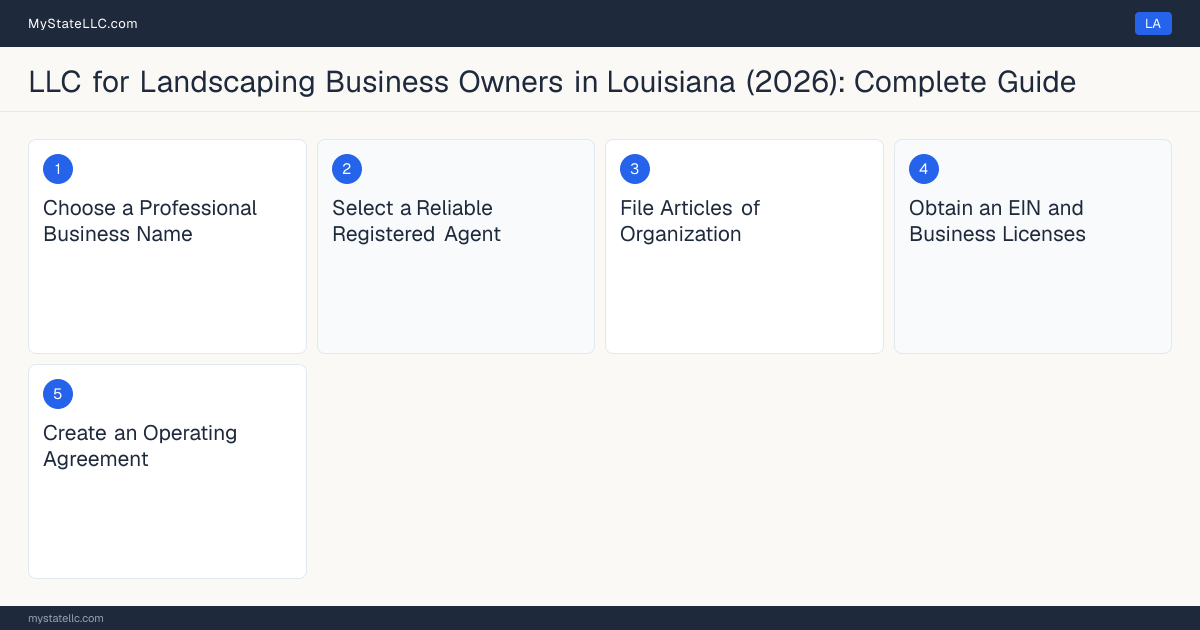 Step diagram for forming a professional LLC for Landscaping Business Owners in Louisiana, showing each formation step and the Landscape Horticulturist License the state requires first.