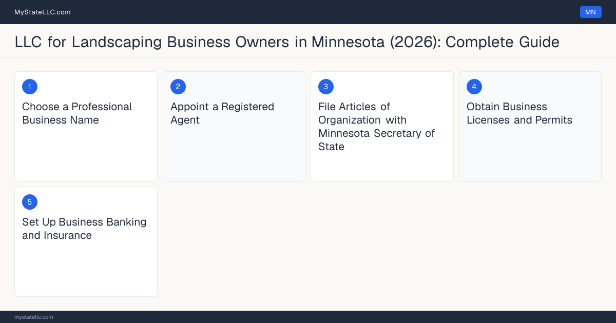 Step diagram for forming a professional LLC for Landscaping Business Owners in Minnesota, showing each formation step and the Residential Building Contractor License the state requires first.