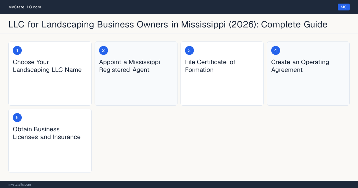 Step diagram for forming a professional LLC for Landscaping Business Owners in Mississippi, showing each formation step and the Certificate of Responsibility, Landscaping, Grading an… the state requires first.
