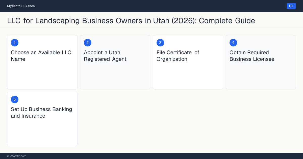 Step diagram for forming a professional LLC for Landscaping Business Owners in Utah, showing each formation step and the Specialty Contractor License the state requires first.
