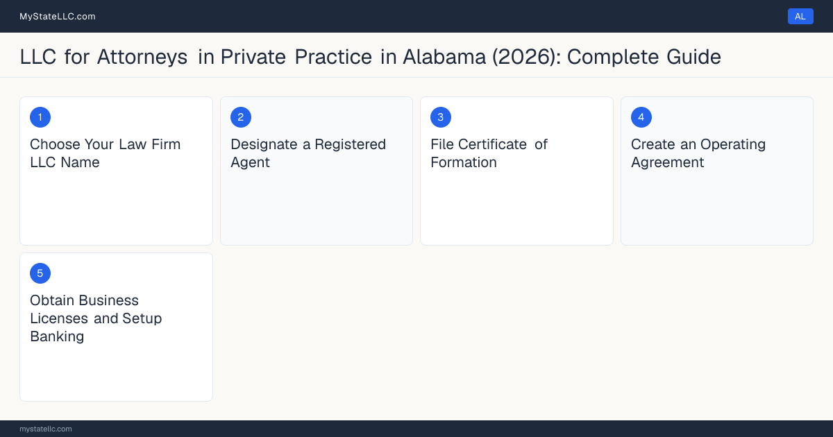 Step diagram for forming a professional LLC for Attorneys in Private Practice in Alabama, showing each formation step and the Alabama Law License (Bar Admission) the state requires first.