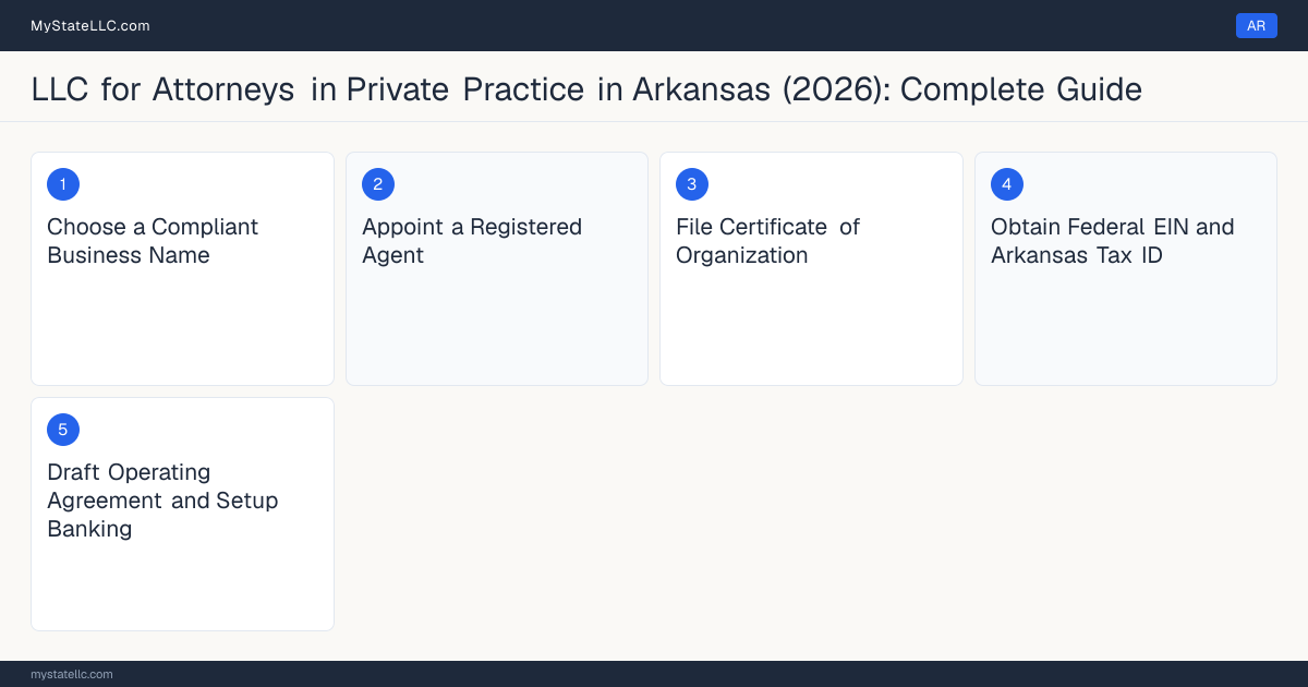 Step diagram for forming a professional LLC for Attorneys in Private Practice in Arkansas, showing each formation step and the Arkansas Bar License (Bar Admission) the state requires first.