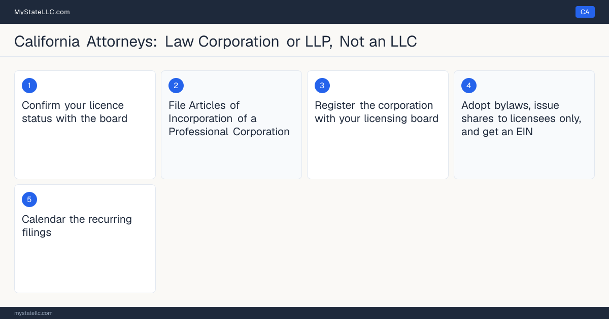 Step diagram for forming a professional LLC for California Attorneys, showing each formation step and the California Law License (Bar Admission) the state requires first.