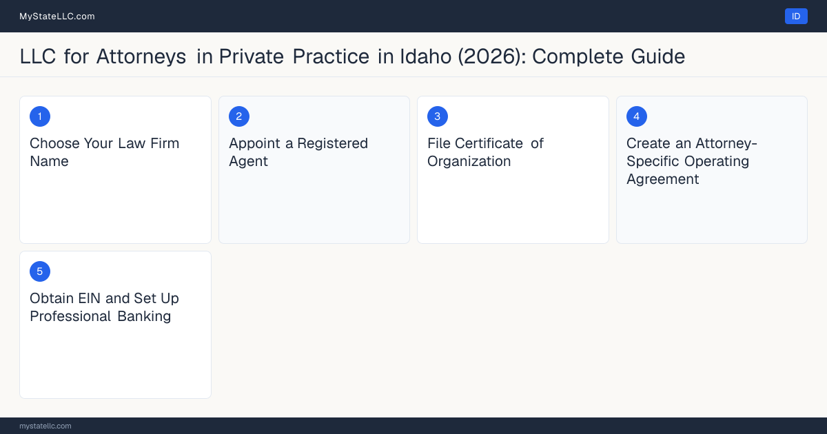 Step diagram for forming a professional LLC for Attorneys in Private Practice in Idaho, showing each formation step and the Idaho Bar License (Bar Admission) the state requires first.