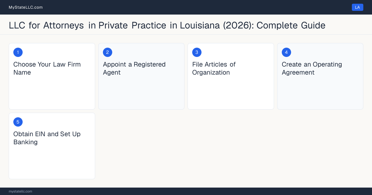 Step diagram for forming a professional LLC for Attorneys in Private Practice in Louisiana, showing each formation step and the Louisiana Bar License (Bar Admission) the state requires first.